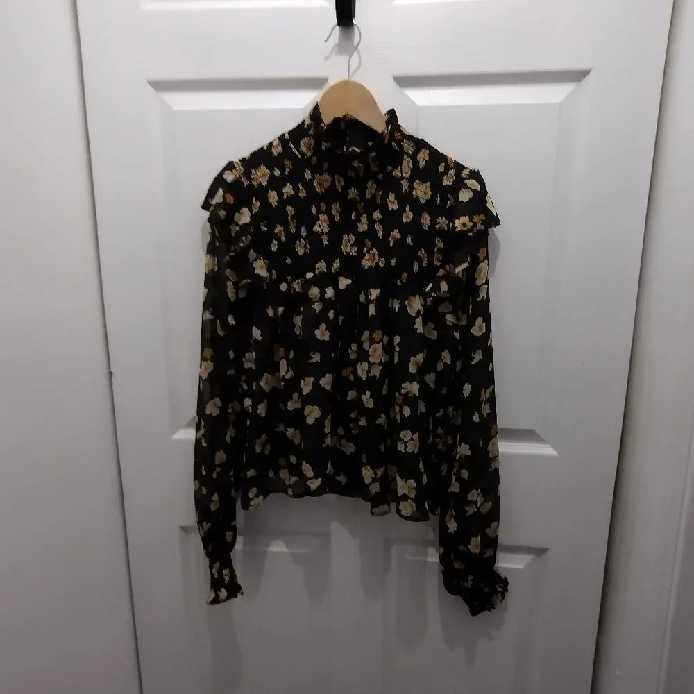 O.P.T. Floral Ruffle Neck Blouse Large Black Sheer Long Sleeve Romantic Top - Picture 3 of 15